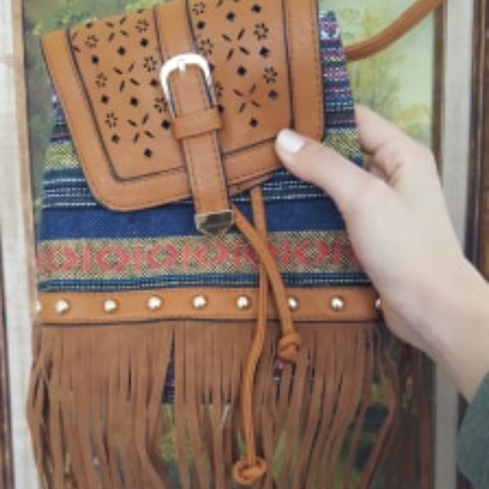 Southwest pattern cross body bag with fringe